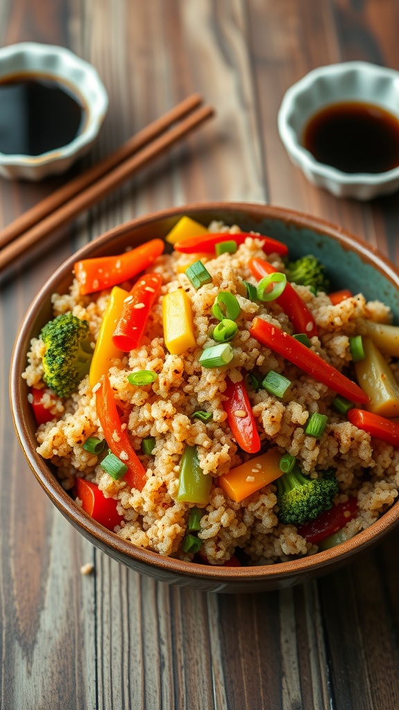 A colorful quinoa and vegetable stir-fry bowl with bell peppers, broccoli, and carrots, garnished with sesame seeds and green onions on a wooden table.